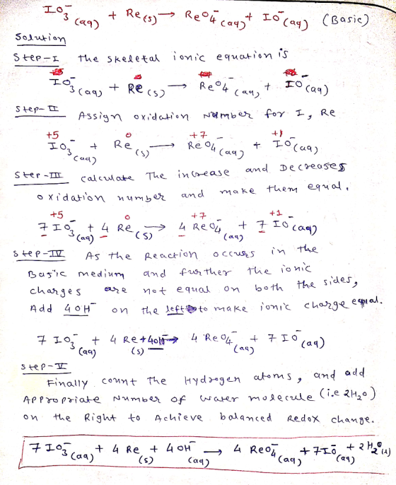 can + Reis) > Reou cay + Io (aq) (Basic) I solution Step-I the skeletal ionic equation is 403(aq) + Reis -> Re°4 cant I ocaq