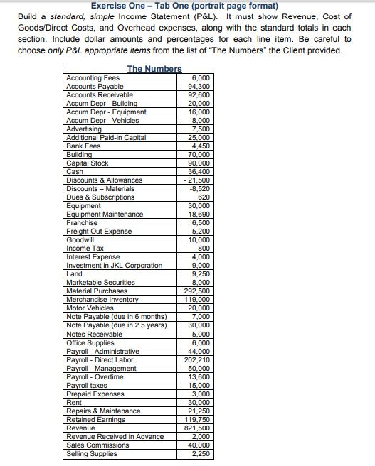 Exercise One - Tab One (portrait page format) Build a standard, Simple Income Statement (P&L). It must show Revenue, Cost of