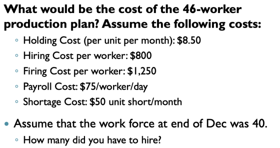 What would be the cost of the 46-worker production plan? Assume the following costs: • Holding Cost (per unit per month): $8.