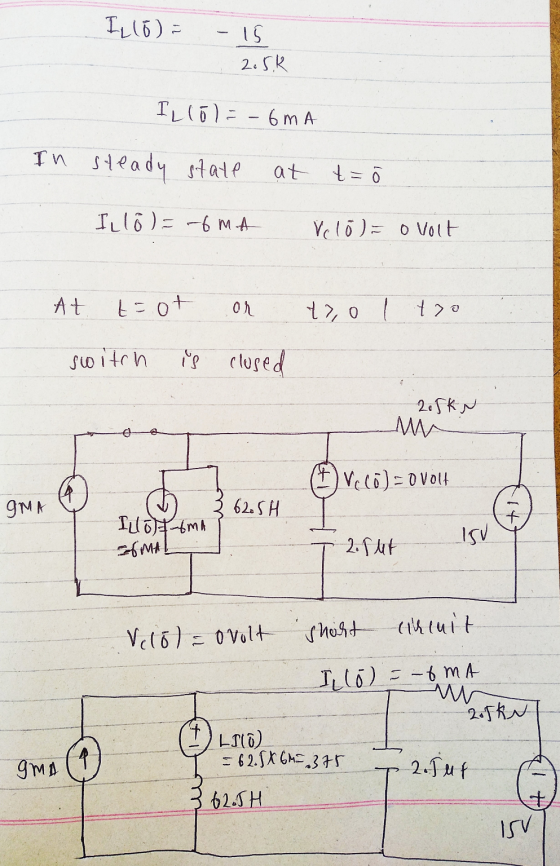 IL (5) = - 15 2.5k ILlol=-6mA In steady state at t= Illo l = -6mA Velo o volt At toot ON to, o I to switch is closed 205kn M