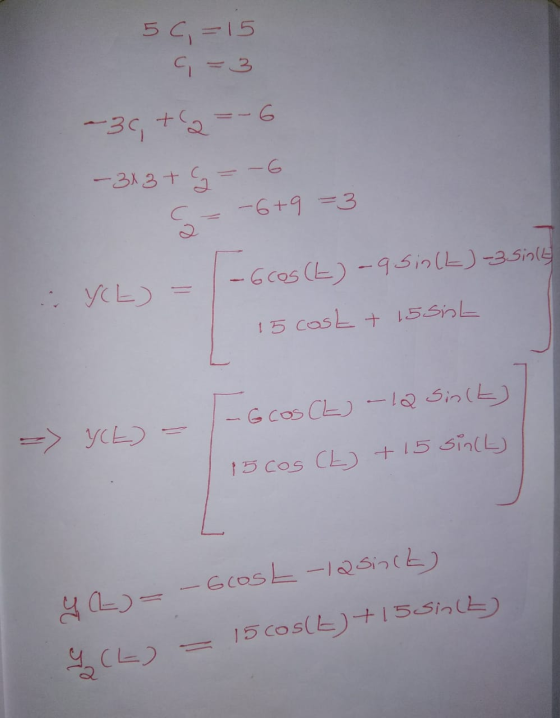 5 C, = 15 9=3 -30, +2=-6 - 3x3 + 5 = -6 ent S = -6+9 = 3 - 6cos (L) -q sin(L) 3 Sink VE) = 15 cost + 15 sist 1-GcOS CL) - 12