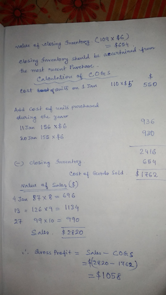 value of closing Fouventory. (10 = $654 . closing Inventory should be accertained from the most recent Purchase Calculation o