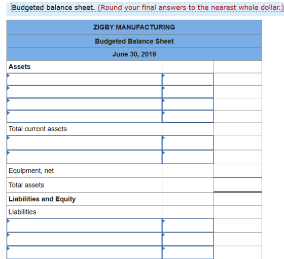 Budgeted balance sheet. (Round your final answers to the nearest whole dollar.) ZIGBY MANUFACTURING Budgeted Balance Sheet Ju