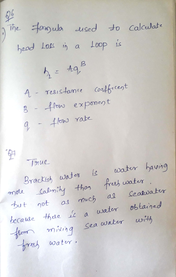 26 The formula aused do calculate head Loss in a Loop is b = AGB А. resistance coefficent flow exponent 3 q flow rate 624 Bra