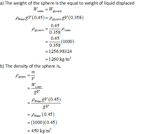a) The weight of the sphere is the equal to weight of liquid displaced Water = Western Pirater SV (0.45) = PghteringV (0.358)