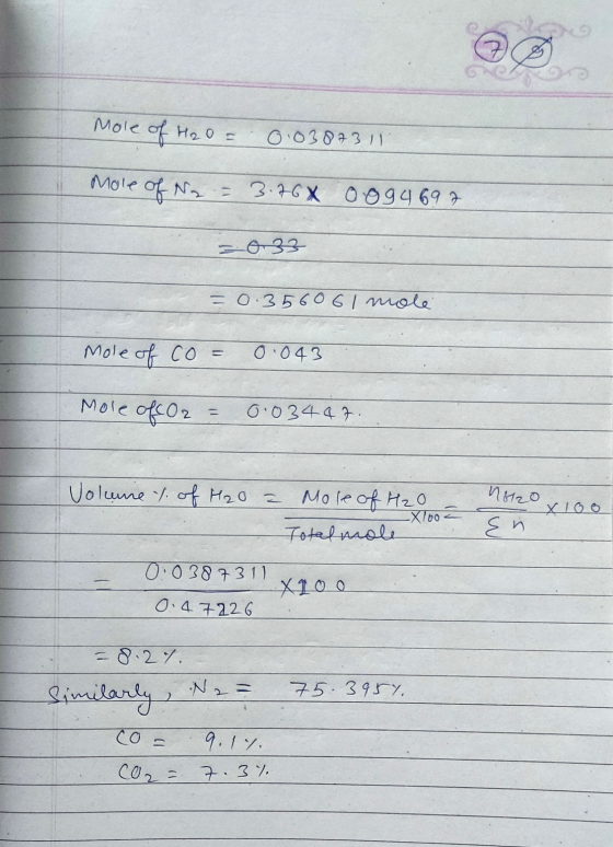 Mole of H20 = 0.0387311 Mole of Na = 3.76X 0094697 033 = 0.356061 mole Mole of co = 0.043 Mole of O2 = 0:03447. Volume t. of