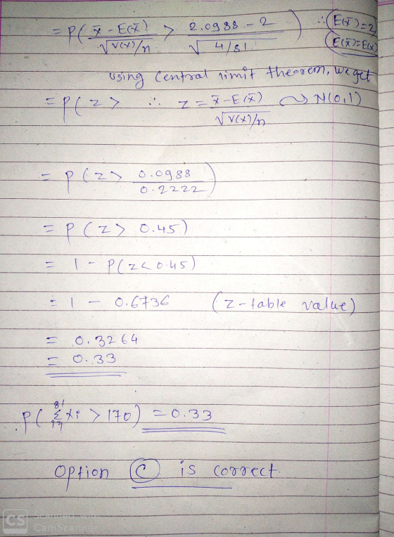 2 E(X)=2) using Centrot limit theorem, we get vvetln = P(Z - EGF) 2.09.88 V 4/81 (2=E(x) Pez) 2 = 7-E17) y N(011) Vvx/n p(z)
