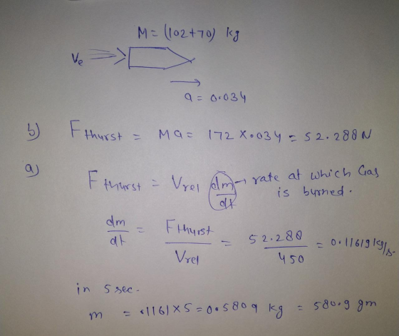 M = (102+70 kg ve 9 = 0.034 b) F thurst = Mar 172 X.034 = 52.280N a thurst - Vrei am- rate at which Gas is burned. dm at Fhur