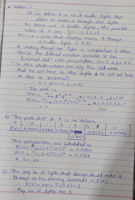 * Solution :- If we define x as No. of traffic lights that oftes he makes it through stop lights. As there are s traffic ligh