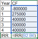 Year CF 0 1-800000 1 275000 400000 3 500000 4 400000 IRR EIRR(B2:B6)| 2