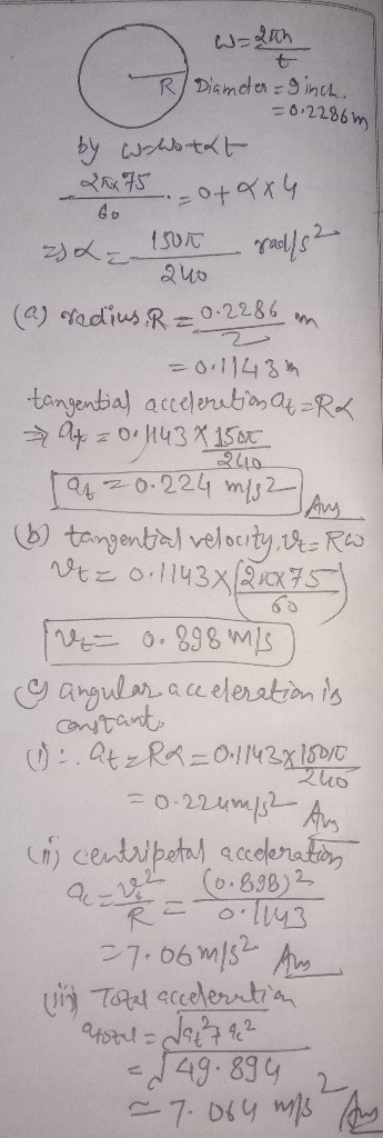 t R/Diamder 9inc O2286m by chbtt 0.2286 (a) stadius Rz 01143 tanyential accelenabin a-R Q40 a40-224 m A (b) tangental velocit
