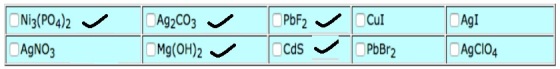 Ni3(PO4)2 AgNO3 Ag2CO3 → Mg(OH)2 → PbF2 ✓ OCds ✓ Cu PbBr2 Agi AgClO4