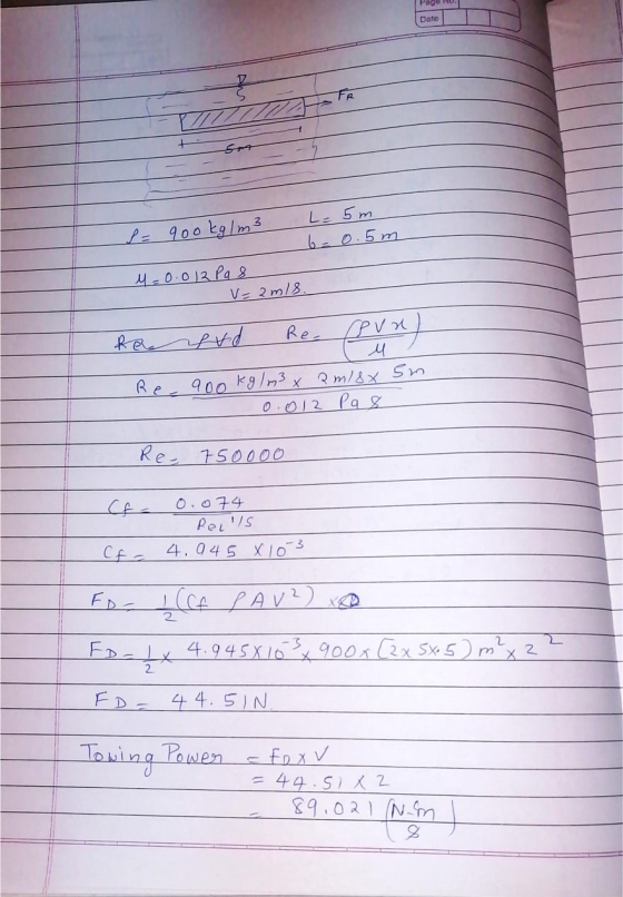 Pago Date FR S = 900kg/m3 L- 5m 6-0.5m u=0.012 Pas V = amis. Re Rea 시 900 kg/m3 amiss sm 0.012 Pas Re- 750000 CE 0.074 Rells