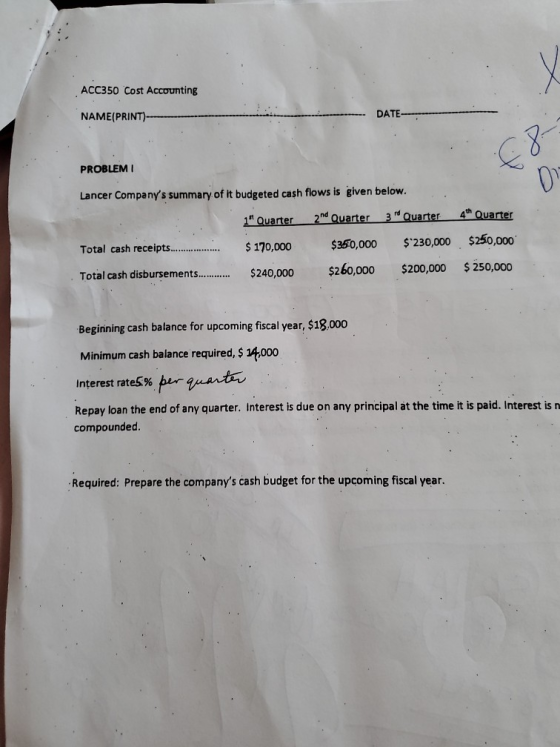 ACC350 Cost Accounting NAME(PRINT)- DATE PROBLEM I Lancer Companys summary of it budgeted cash flows is given below. 1 Quar
