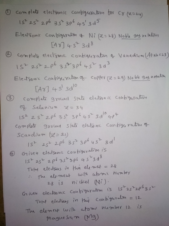 complete electronic configuration for cr (2224) 15² 25² 286 35² 3p6 453d5 Eledronic configuration of Ni (2=28) Noble gas not