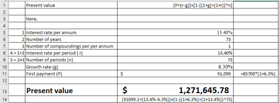 Present value Here 4 13.40% 73 1 13.40% 73 6.30% 91,099 1Interest rate per annum 2 Number of vears 7 8 3 Number of compoundin
