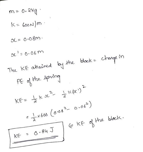 ma 0.2kg k= boon)m OL= 0.08m. change in Oc! = 0.06m The KE attained by the block = PE of the spring KE= 2 ko? 2 14(c) 2 x 6
