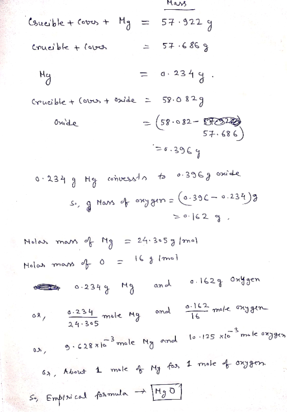 Mass Cucible + coves + Mg = 57.922 g Crucible & lover = 57.686 g My = 0.234 4 : Crucible + Coves + Guide = 58.0829 Oride = (