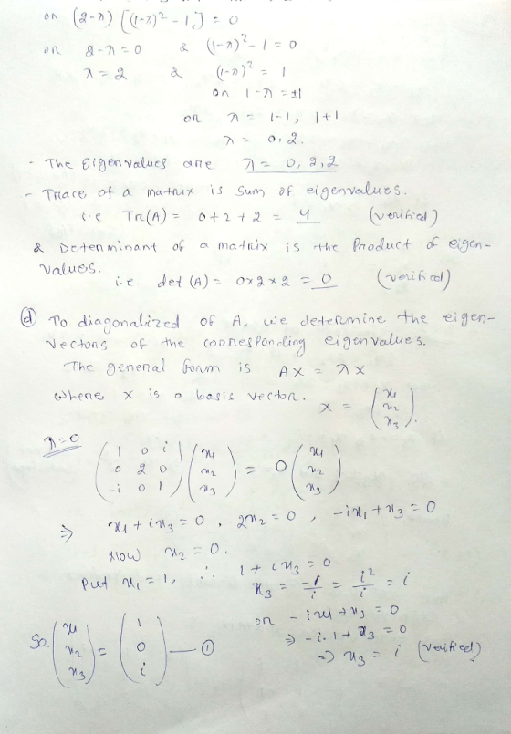 on - () 2 I- 7 on , Trace of a ma thix s Sum f eigenvalues yerihd Values o diagonalired of A, de dedfmine the eigen- eignvalu