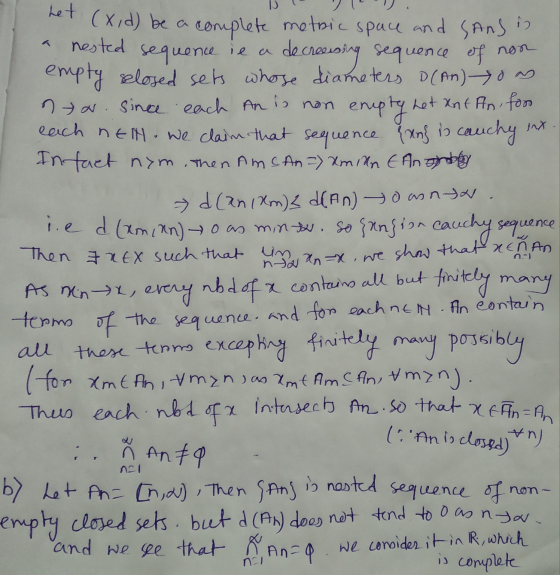 het (x,d) be a complete metric space and sans in a nested sequence in a decreasing sequence of non empty slosed sets whose di