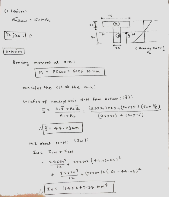 (1) Given 75 Callow = 150 MPa. 20 to find zl al P So 25 Solution (Bending suress). En Bending moment at ara : MO Px600 = Goup