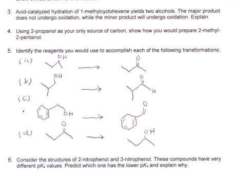 3. Acid-catalyzed hydration of 1-methylcyclohexene yields two alcohols. The major product does not undergo oxidation, while t