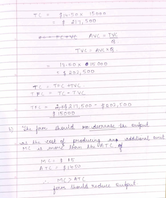 TC = $14.500 15000 $ 217,500 5 FETVE AVC = TVC TVC AVC X 13.50 X 15 000 $ 202,500 Tc . TFC +TVC. TFC = TC - TVC - TFC = 216 2