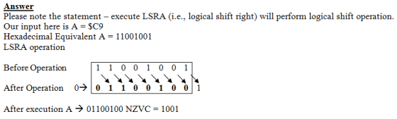 Answer Please note the statement execute LSRA (i.e., logical shift right) will perform logical shift operation. Our input her