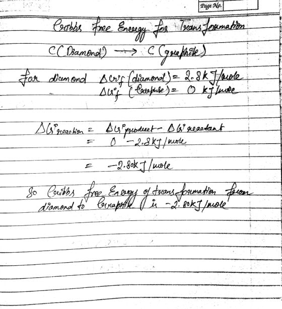 Page No. Cobbs free Energy for Transformation CC Diamond) -> C (graphie) damond Deref (diamond) = 2.8k Harole Auf ( lelephon