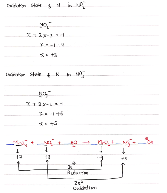 Oxidation State of N in Mroz NO, X + 2 X-2 = -1 X=-1+4 - +3 oxidation State of N in Nog nes X + 3x-2--| X=-1+6 to +5 Mnou + N