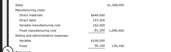 $1,308,000 Sales Manufacturing costs: Direct materials $649,600 197,200 Direct labor Variable manufacturing cost 162,400 81,2