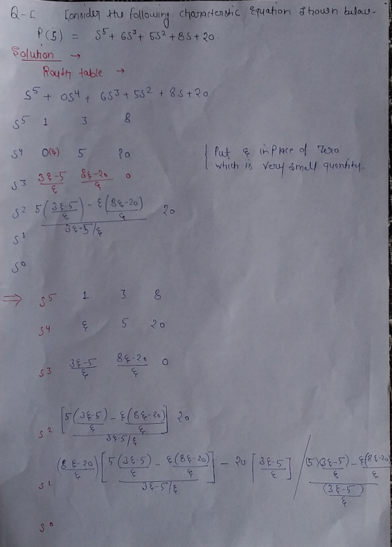 Q-1 Consider Hu following characteristic equation shown below. P(5) 85 +683 + 55² +85+ 20. solution Routh table 55+ 054 +683