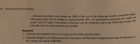 wo Planning and Decision Making Inventory purchases each month are 100% of the cost of the following months projected sales.