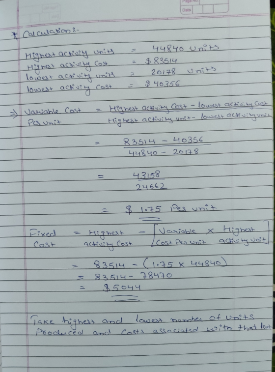 Date * Calculation in = = Highest activity units Highest activity Cost lowest activity units lowest activity Cost 44840 units