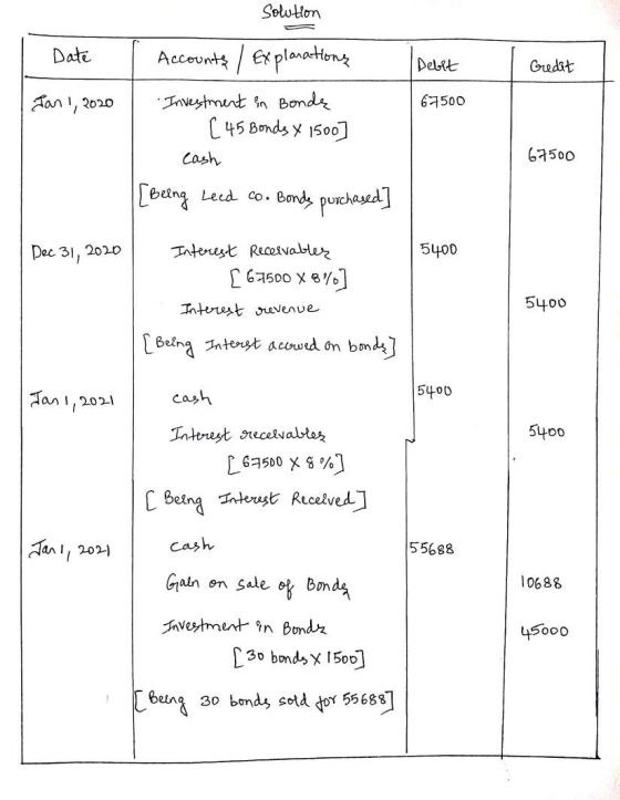 solution Date - Debit Credit Jan 1, 2020 67500 Accounts / Explanations Investment in Bondę [ 45 Bonds x 1500 Cash [Being Leed
