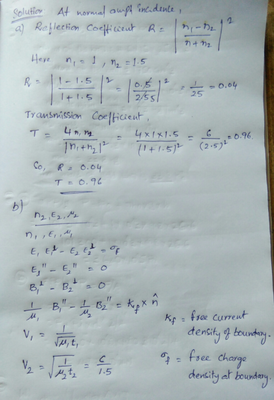 Solution At narnal upt incidente a) Reflection Coe カナカ eye n! /2 I+ 1.5 2/5 s 2S TyansnisSin Coe fticieut 0.96 1 + 1.5)レ (2.5