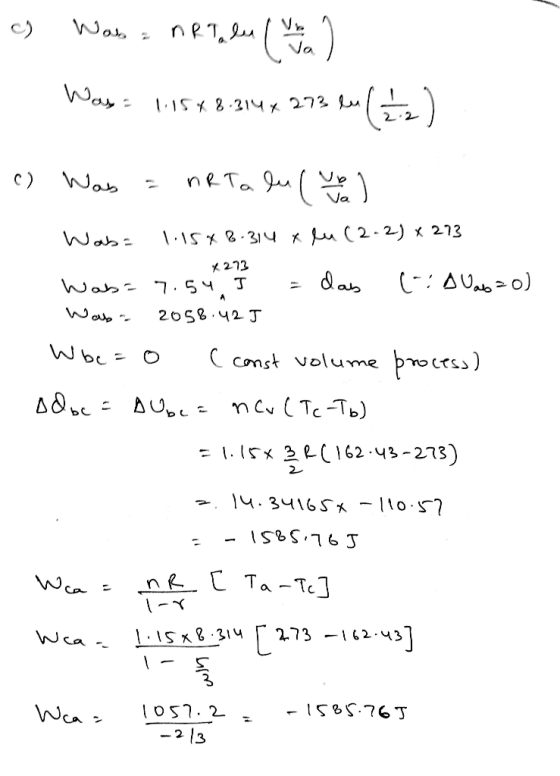 Vo Was c) Va Way= l15X8.314x273 lu nR Ta Ju ( c) Wab ) 1.15x8.314 x fu(2-2) x 273 Wab= X273 dab Wab= 7.54.I Wab- 2058.42 J W