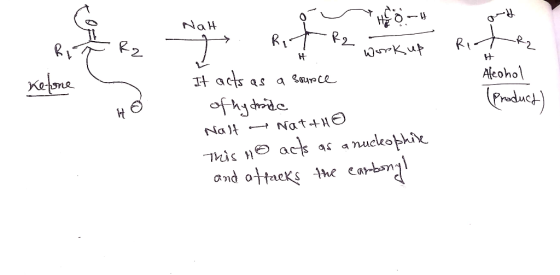 NaH Ketone Re R Aleohol (Product) Ketone s T +2 work up It acts as a source of hydside Nalt Nattho This ho acts as a nucleoph