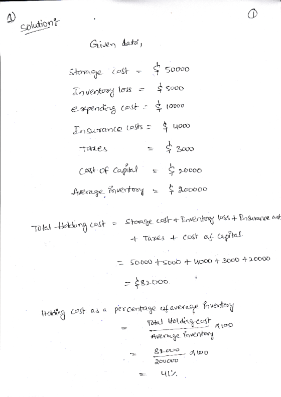 Solution Given data, Storage cost - $ 50000 Inventory loss = $5000 expending cost = $ 10000 Insurance costs = $ you tades - $