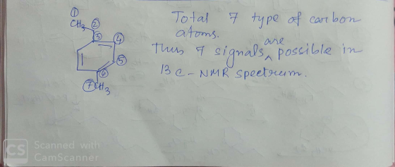 Total 7 type of carbon atoms. This a signals possible in Be-NMR spectrum. Foto Es Scanned with CamScanner