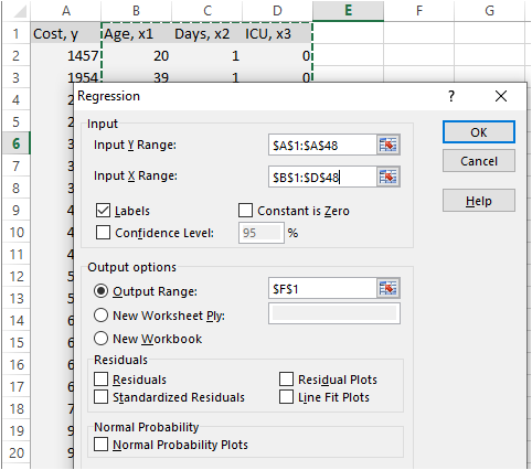 A B 1 Cost, y Age, x1 1457 20 1954! 2 Regression C D Days, x2 ICU, x3 1 -- 0 39 ? X Input Input y Range: Гок $A$1:5A548 Cance