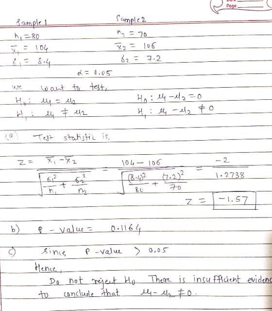 Page Sample2 Bample1 h,=80 = 104 31= 8.4 n. 70 82=106 82 = 7.2 %3D d = 0.05 want to test, Hoiy-2=0 H:l4-el2 to statistiL is,