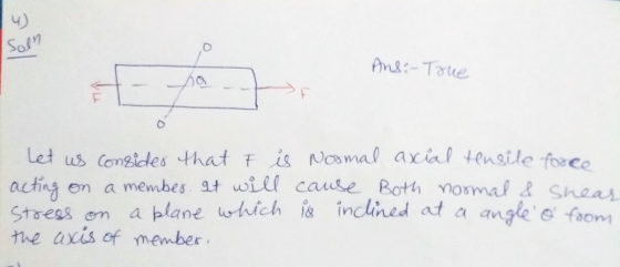 soln Ans:- True let us consider that F is Nosmal axial tensile force acting on a member. It will cause Both normal & Shear st