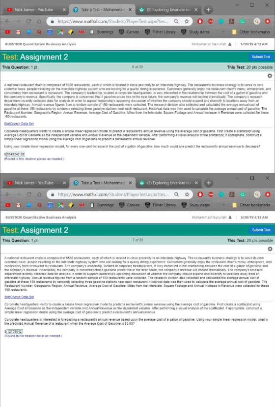 Take a Test-Mohammad (2) Exploring bivariatenu x+ Nick James . YouTube × Co https://www.mathxl.com/Student/PlayerTest.aspx?te