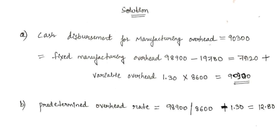 Solution @) cash disbursement for Manufacturing overhead = 90300 = fixed manufacturing oveochead 98900 – 19780 = 79120 + vari