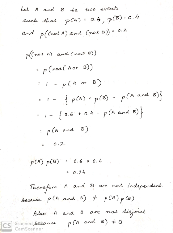 I and B be and { pla p(B) PCA and B) #0 het two events such that PCA) = 0.6, p(B)=0.4 and plcnot A) and (not B)) = 0.2 p((not