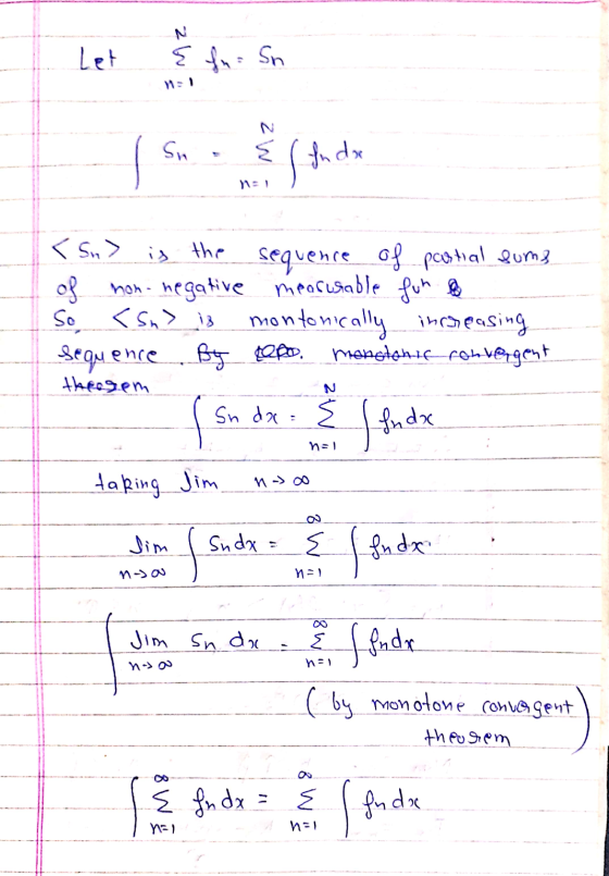 Let Sr of this fostud In der is the < Sn> sequence of partial soms of non- negative measurable fur le So <sn> is montonically