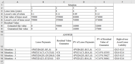 В Situation 1 2 1 3 Lease term (years) 4 Lessors rate of return 0.1 5 Fair value of lease asset 59000 6 Lessors cost of lea