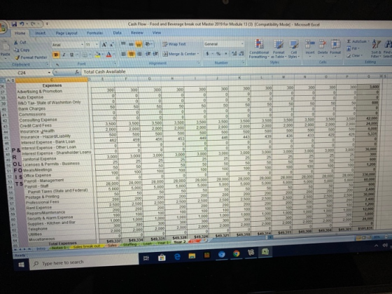 NE Home Insert Page Layout Formula Data X Cut Anal - 11 A W Paste Format Painter BIU A Clipboard - Font C24 - Total Cash Avai