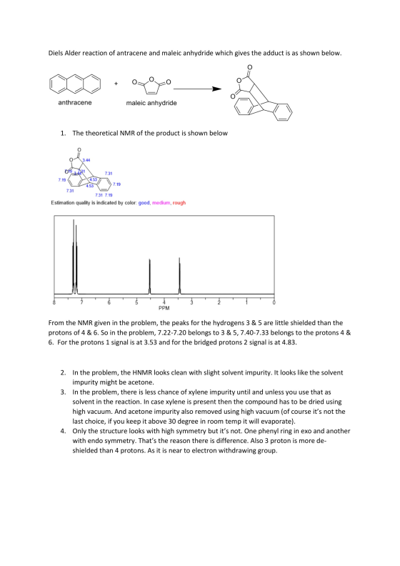 Diels Alder reaction of antracene and maleic anhydride which gives the adduct is as shown below. anthracene maleic anhydride